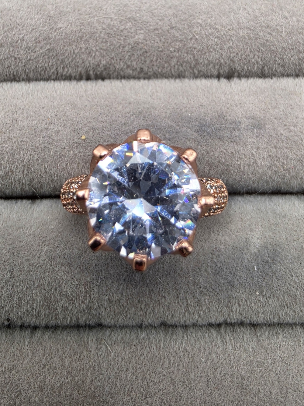 Rose Gold Halo Ring Size 6 3/4 with Large Clear Center Stone